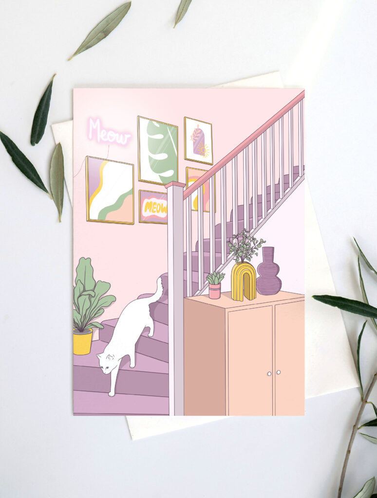 Affiche illustrée – chat dans l’escalier